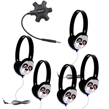 Listening center with 5 Primo Panda headphones and Galaxy jackbox, ideal bulk school headphones for effective learning.